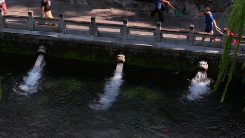 Black Tiger Spring: Dragon Head Fountains Gushing Water in Jinan Park Stock Footage 331216505