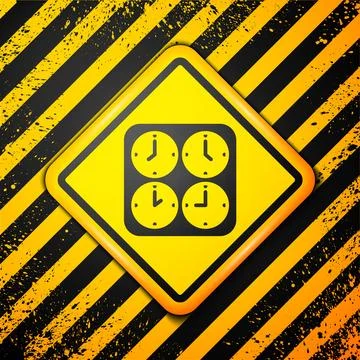 Black Time zone clocks icon isolated on yellow background. Warning sign. Vector Stock Illustration