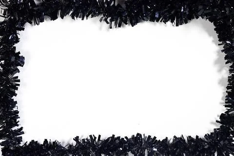 Black Tinsel Frame Border With Blank White Center For Holiday Party Or Halloween Stock Photos