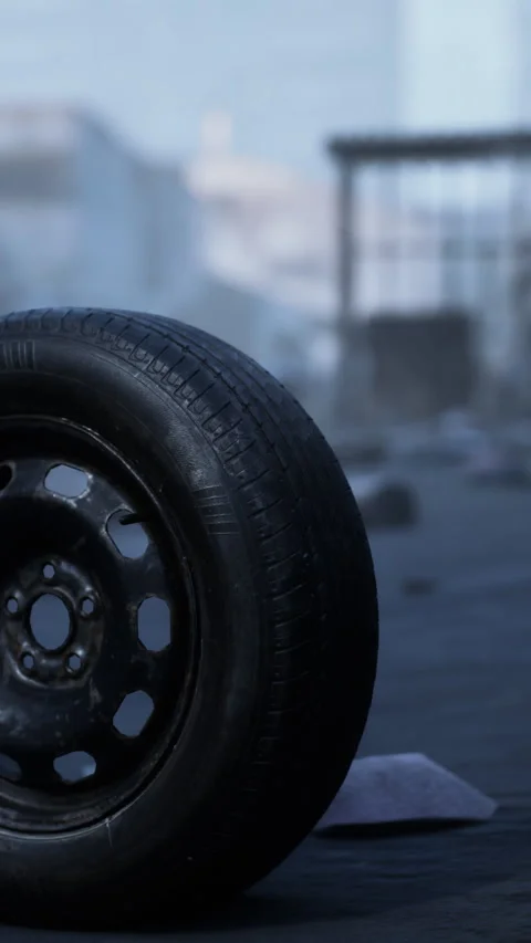 Black tire rests on concrete surface in urban setting with buildings visible Stock Footage 342157235