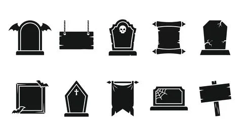 Black tombstone and scroll banner silhouette set isolated on white backgrou.. Illustration
