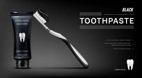 Black toothpaste ads banner with brush and tooth Stock Illustration
