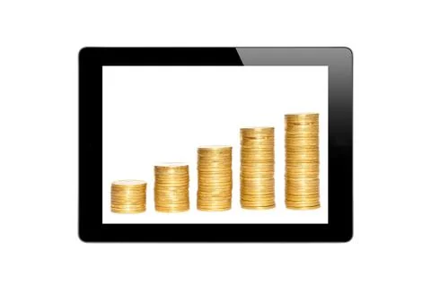 Black Touch Screen Tablet and golden coin columns Stock Photos