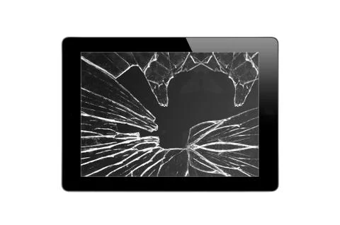 Black Touch Screen Tablet with broken screen isolated on white Stock Photos