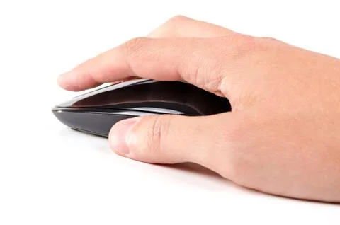 Black touch wireless modern computer mouse in hand isolated Stock Photos