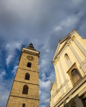 Black Tower with clock and dramatic cloudy sky in Ceske Budejovice, Czech Rep Stock Photos