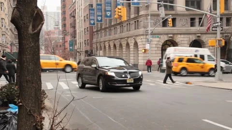 Black Town Car Left to Right in NYC Stock Footage 53909898
