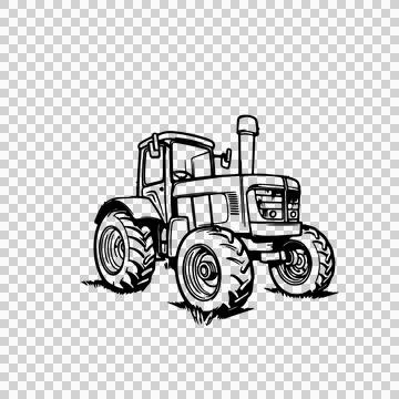 Black Tractor Line Drawing On White stationary wheels cab Stock Illustration
