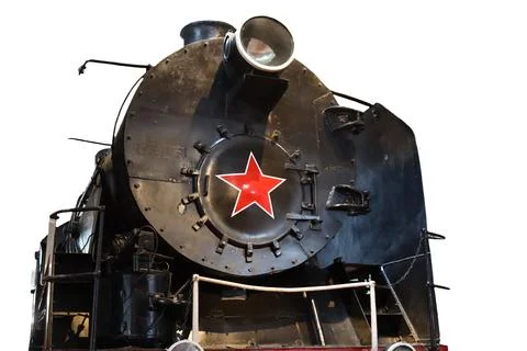 A black train engine with a distinctive red star logo Stock Photos