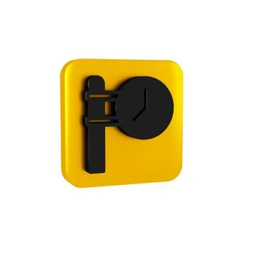 Black Train station clock icon isolated on transparent background. Yellow squ Stock Illustration