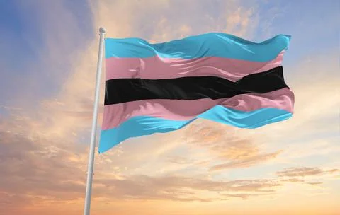 Black trans flag waving in the wind at cloudy sky. Freedom and love concept.  Stock Illustration