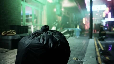 A black trash bag sitting on the side of a road Illustrazione stock