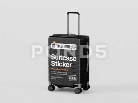 Black Travel Suitcase Sticker Mockup in Front Angled View on Gray Background PSD Template