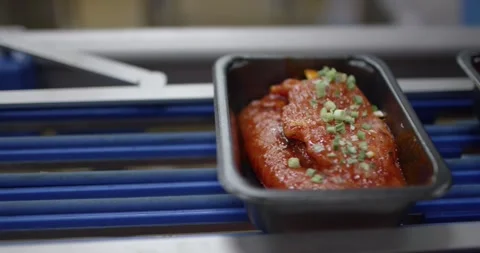 Black tray with marinated meat topped with sliced spring onion on a blue Stock Footage 340000991