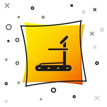 Black Treadmill machine icon isolated on white background. Yellow square button Stock Illustration
