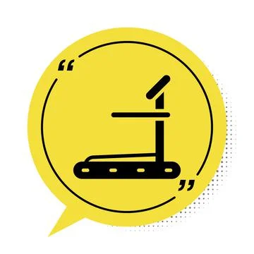 Black Treadmill machine icon isolated on white background. Yellow speech bubble Stock Illustration