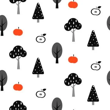 Black tree forest seamless pattern with apples Stock Illustration