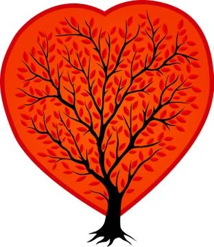 Black tree silhouette in the red shape of heart Stock Illustration