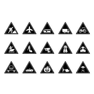Black Triangular Road Signs. Vector Icons. Warning Signs. Road Works, Airpo.. Illustrazione stock