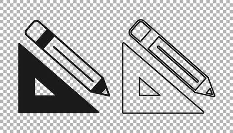 Black Triangular ruler and pencil icon isolated on transparent background Illustrazione stock