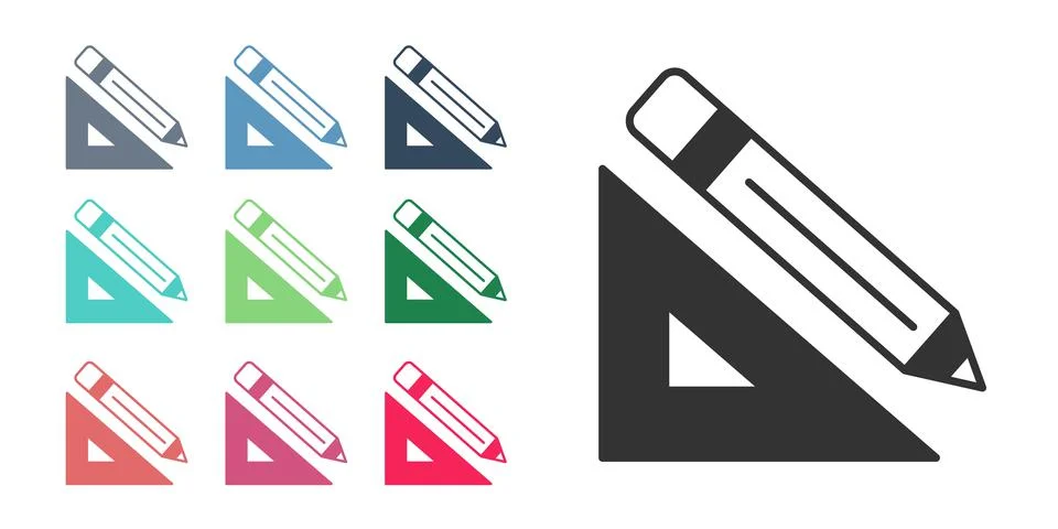 Black Triangular ruler and pencil icon isolated on white background. Straight Stock Illustration