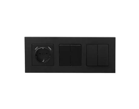 Black triple wall socket panel with power outlet and light switch isolated .. Stock Photos