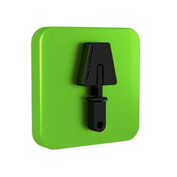 Black Trowel icon isolated on transparent background. Green square button. Stock Illustration