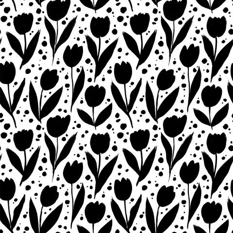 Black tulips with dots vector seamless pattern. Stock Illustration