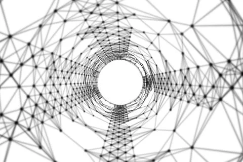 Black tunnel with network connection pattern lines on white. High-tech backgr Stock Photos