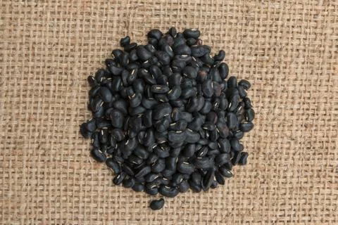 Black turtle beans on on sack background. Stock Photos