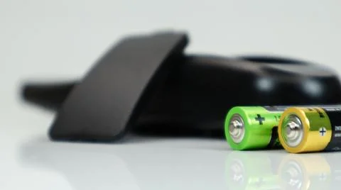 Black TV remote control with AAA alkaline batteries on a white background. .. Stockfoto's