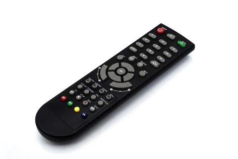 A black TV remote control isolated on a white background Foto stock