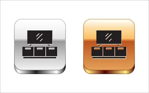 Black TV table stand icon isolated on white background. Silver and gold square Illustrazione stock
