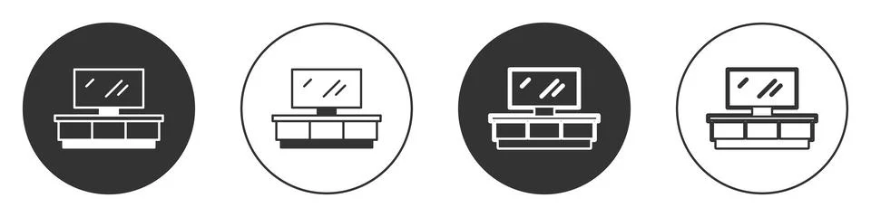 Black TV table stand icon isolated on white background. Circle button. Vector 스톡 일러스트
