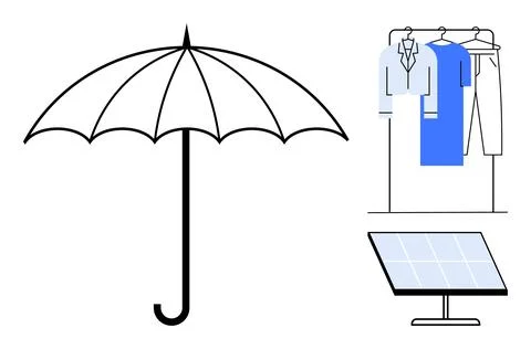 Black umbrella with curved handle, three clothes on hanging rack, and solar p Stock Illustration