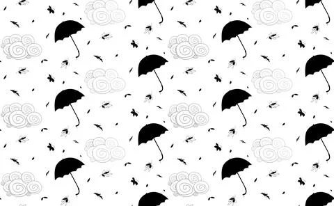Black umbrellas, clouds and leaves flying in the wind in a seamless vector .. Stock Illustration