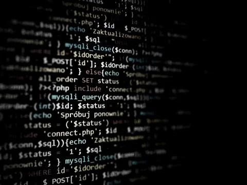 Black unique background. Programming PHP on laptop computer screen. Program c Stock Photos