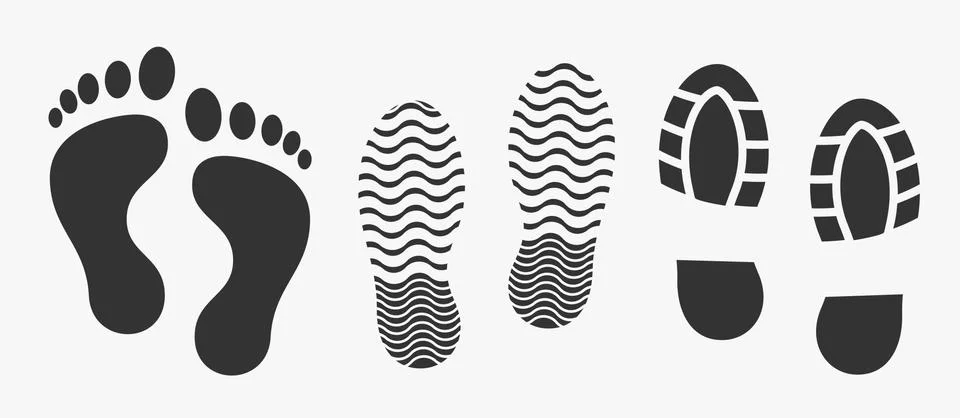 Black unique human footprints set isolated on white. Vector Stock Illustration