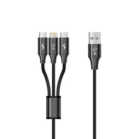 Black USB cable with 3 connectors, for charging your smartphone. Vector Stock-Illustration