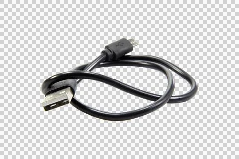 Black USB cable for charging a smartphone isolated on white background.Select Stock Photos