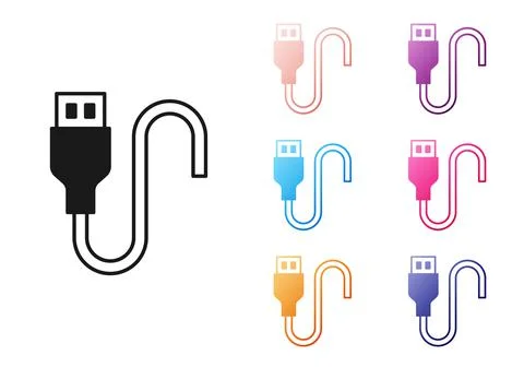 Black USB cable cord icon isolated on white background. Connectors and sockets Illustrazione stock