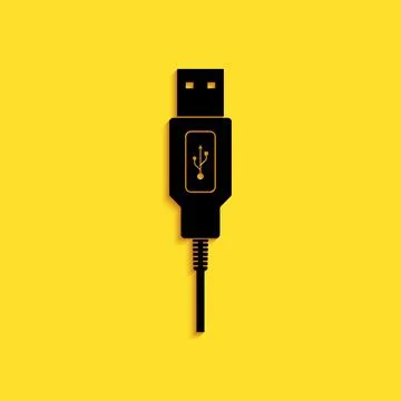 Black USB cable cord icon isolated on yellow background. Connectors and sockets Illustrazione stock