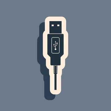 Black USB cable cord icon on grey background. Connectors and sockets for PC and Stock Illustration