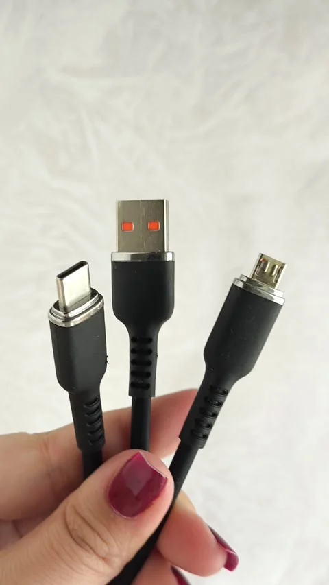 A black USB charging cable in the hand. The cable has a standard USB connector Stock Footage 317668667