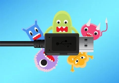 A black usb connecttion cable with a virus computer Illustrazione stock