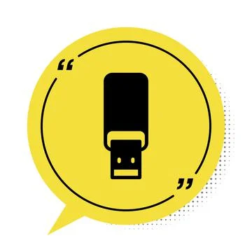 Black USB flash drive icon isolated on white background. Yellow speech bubble Stock Illustration