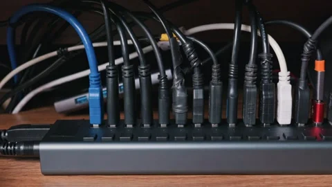 Black USB hub with multiple tangled cables plugged in on a wooden desk. 動画素材 331223527