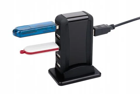 Black USB HUB with two flash drives isolated on white background, shallow dep Stock Photos
