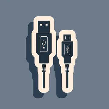 Black USB Micro cables icon on grey background. Connectors and sockets for PC Stock Illustration