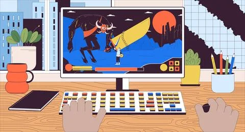 Black user playing computer game 2D linear illustration concept Illustrazione stock
